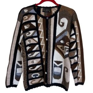 La Vicunita Baby Alpaca Peruvian Knit Cardigan Sweater Aztec Print Cottage Sz M